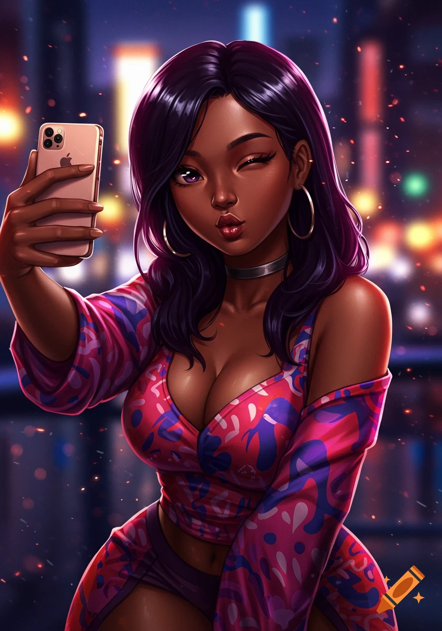 An anime girl with dark hair and a colorful outfit takes a selfie, winking and making a kiss face.