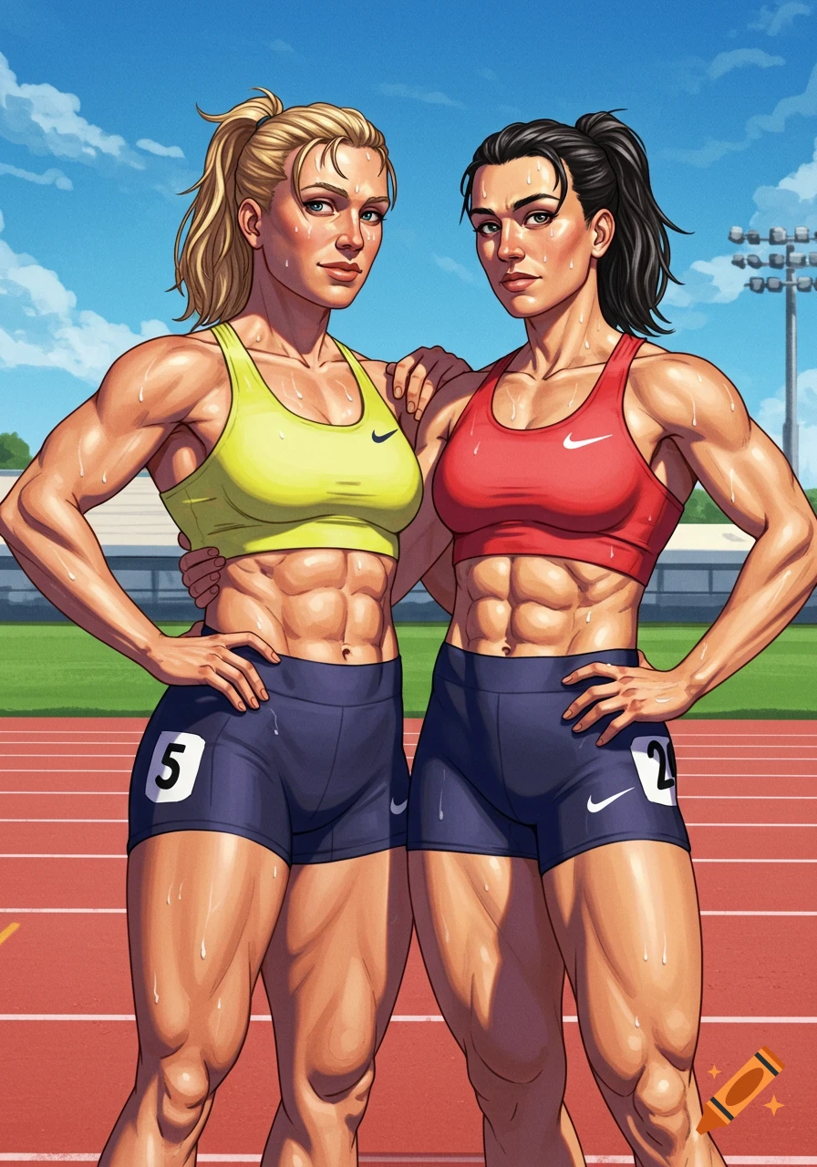 Two muscular female athletes in sports bras and shorts stand on a running track in an illustrative style.