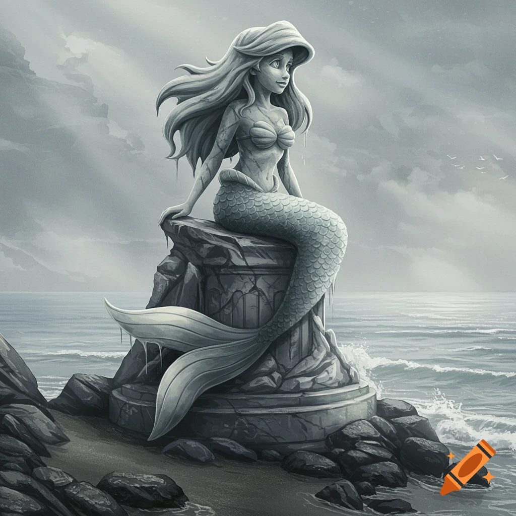 A grayscale stone statue of Ariel the mermaid sits on a rocky pedestal by the ocean under a cloudy sky.