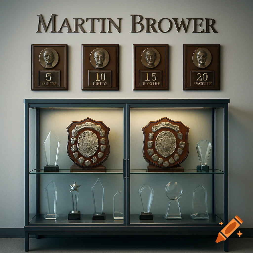 A glass trophy cabinet filled with shields and awards, beneath a wall bearing the name 'MARTIN BROWER' and service award plaques.