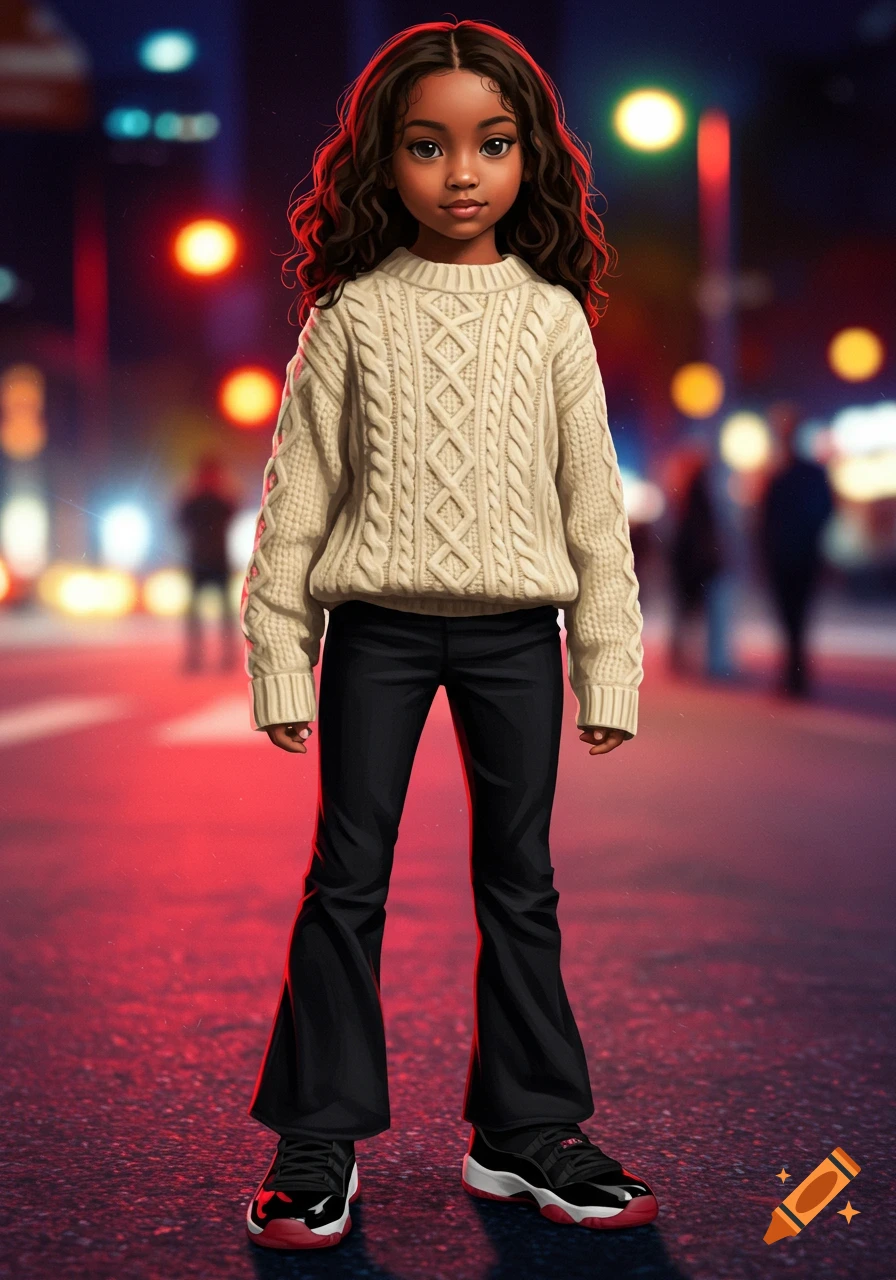 An illustrated girl with dark curly hair wears a cream cable knit sweater, black flared pants, and black and red sneakers on a city street at night.
