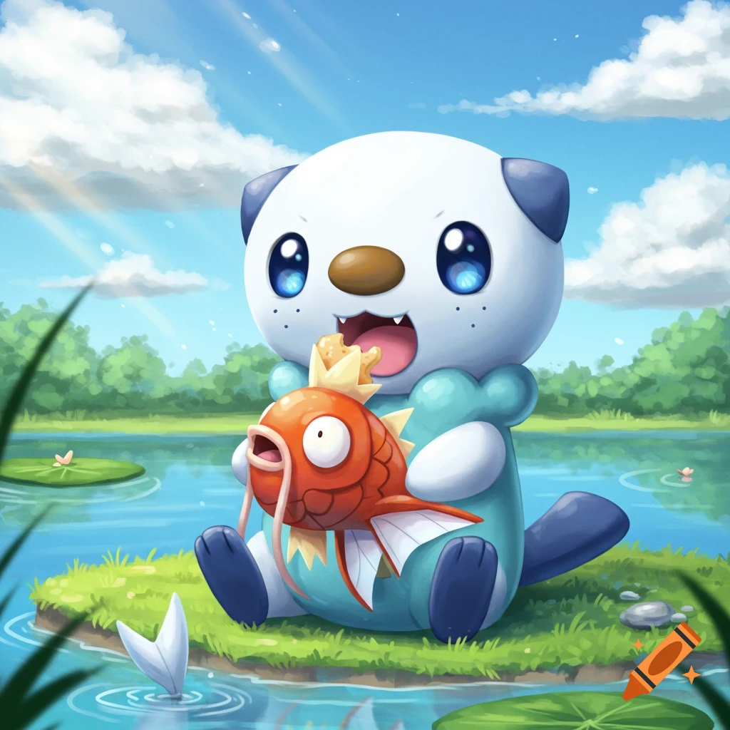 An Oshawott character happily sits by a lake, eating a small, orange Magikarp character.