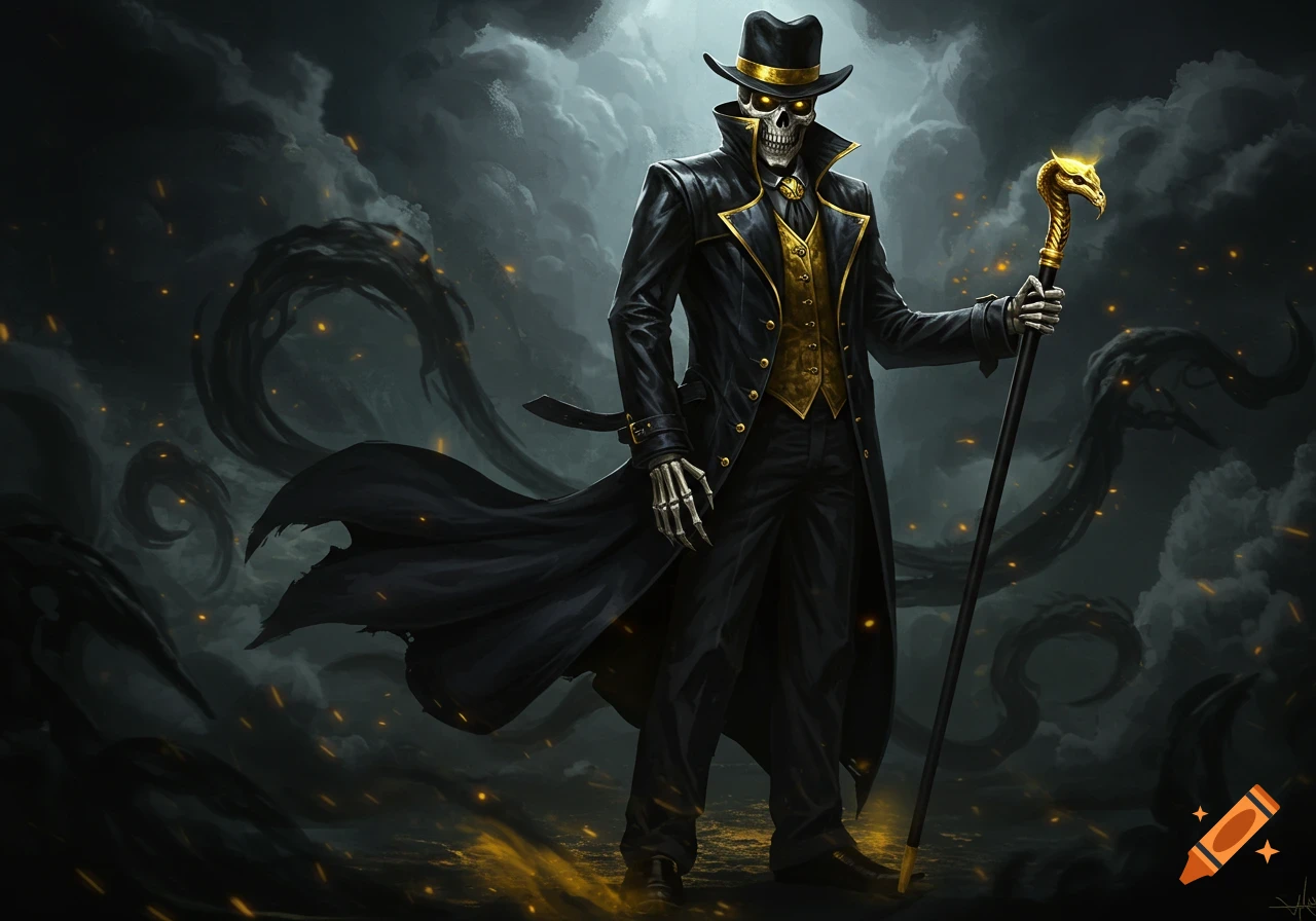 A dapper skeleton in a black trench coat, gold vest, and top hat, holding a golden-headed cane, stands amidst dark, swirling clouds with glowing embers.
