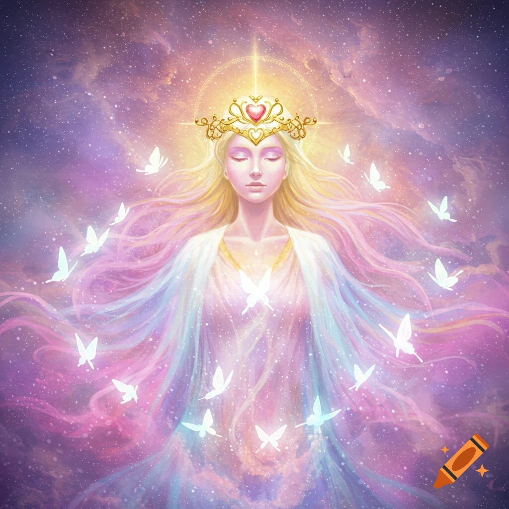 Ethereal goddess with long blonde hair and a heart crown, surrounded by white butterflies in a vibrant cosmic nebula of pinks and purples.