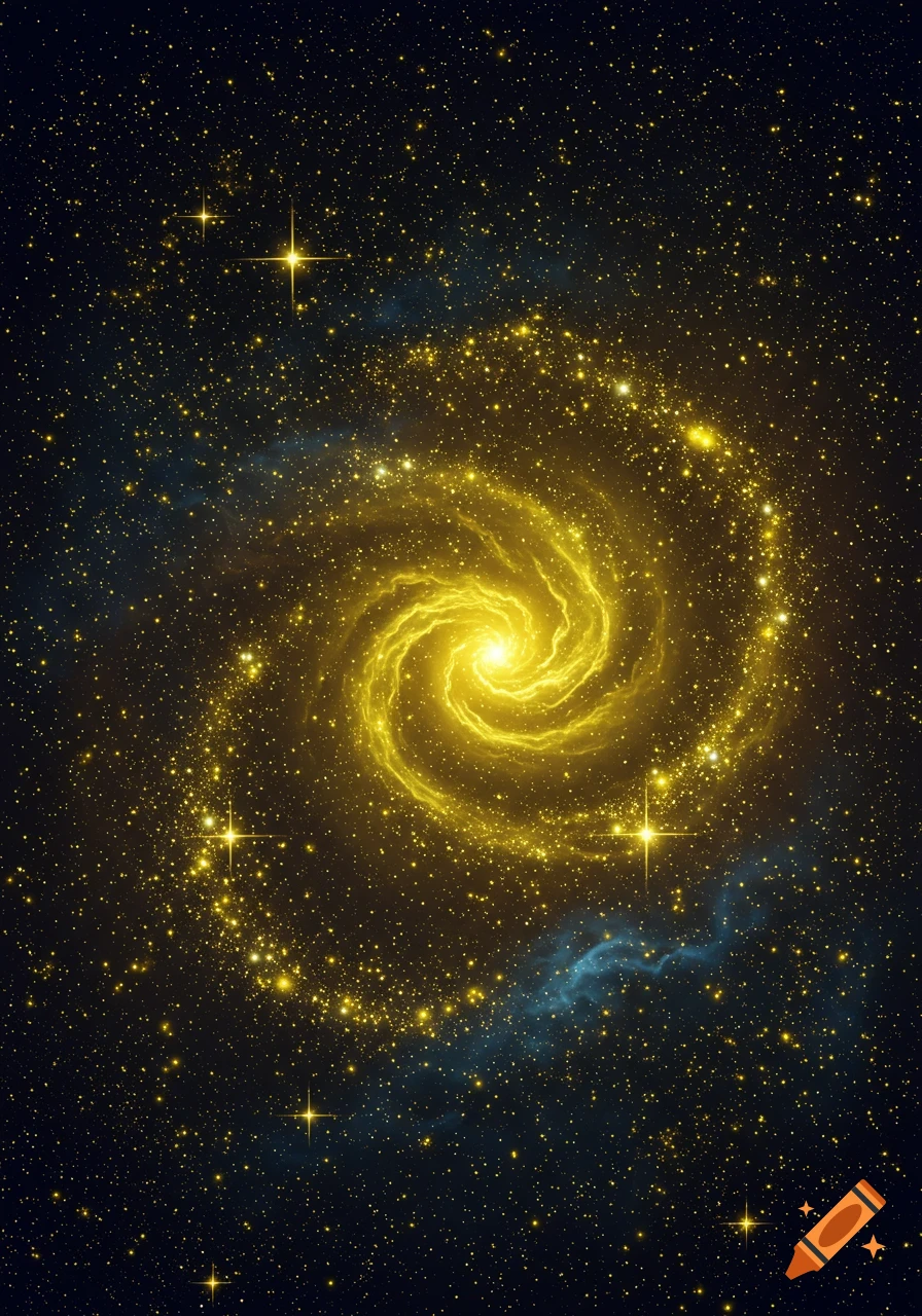 A bright yellow spiral galaxy composed of countless stars against a dark, star-filled universe with hints of blue nebula.