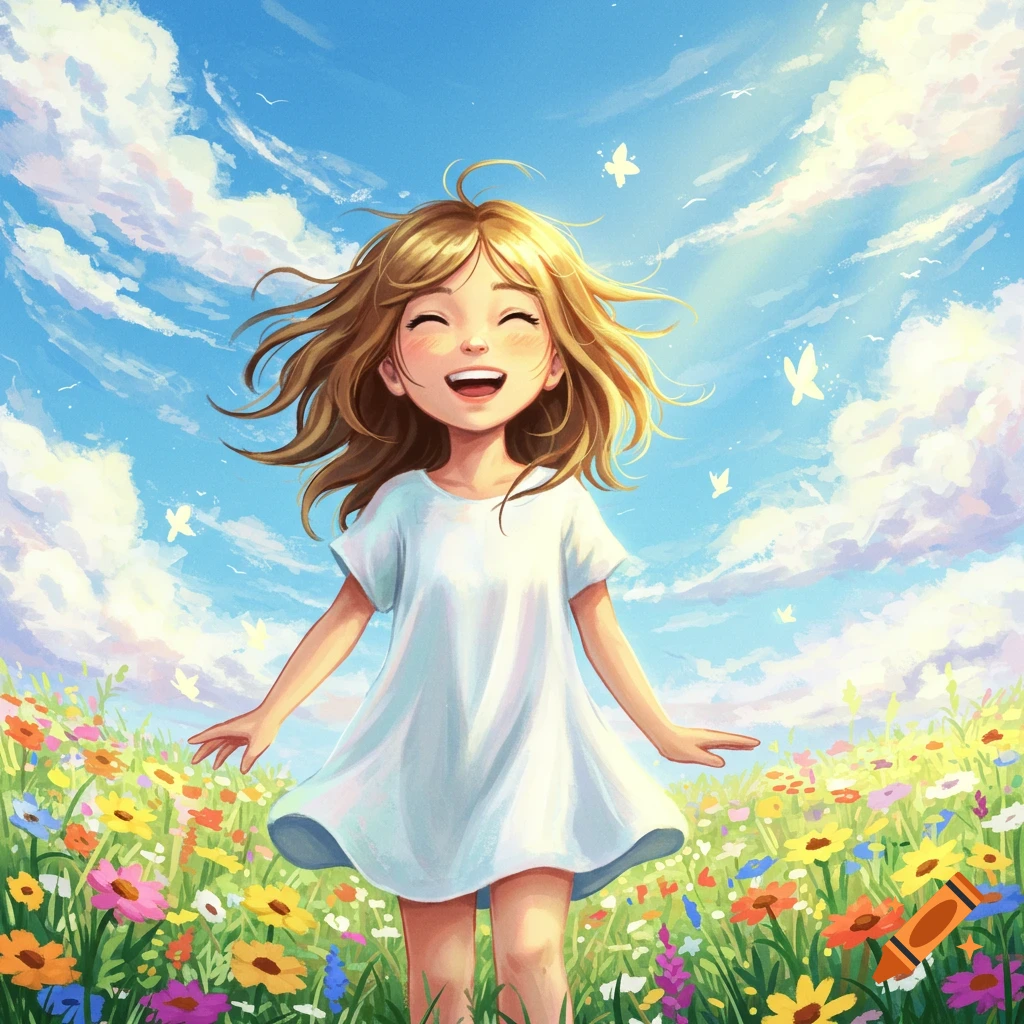 A vibrant illustration of a happy young girl with wind-blown hair, smiling in a sunny field of colorful wildflowers under a blue sky.