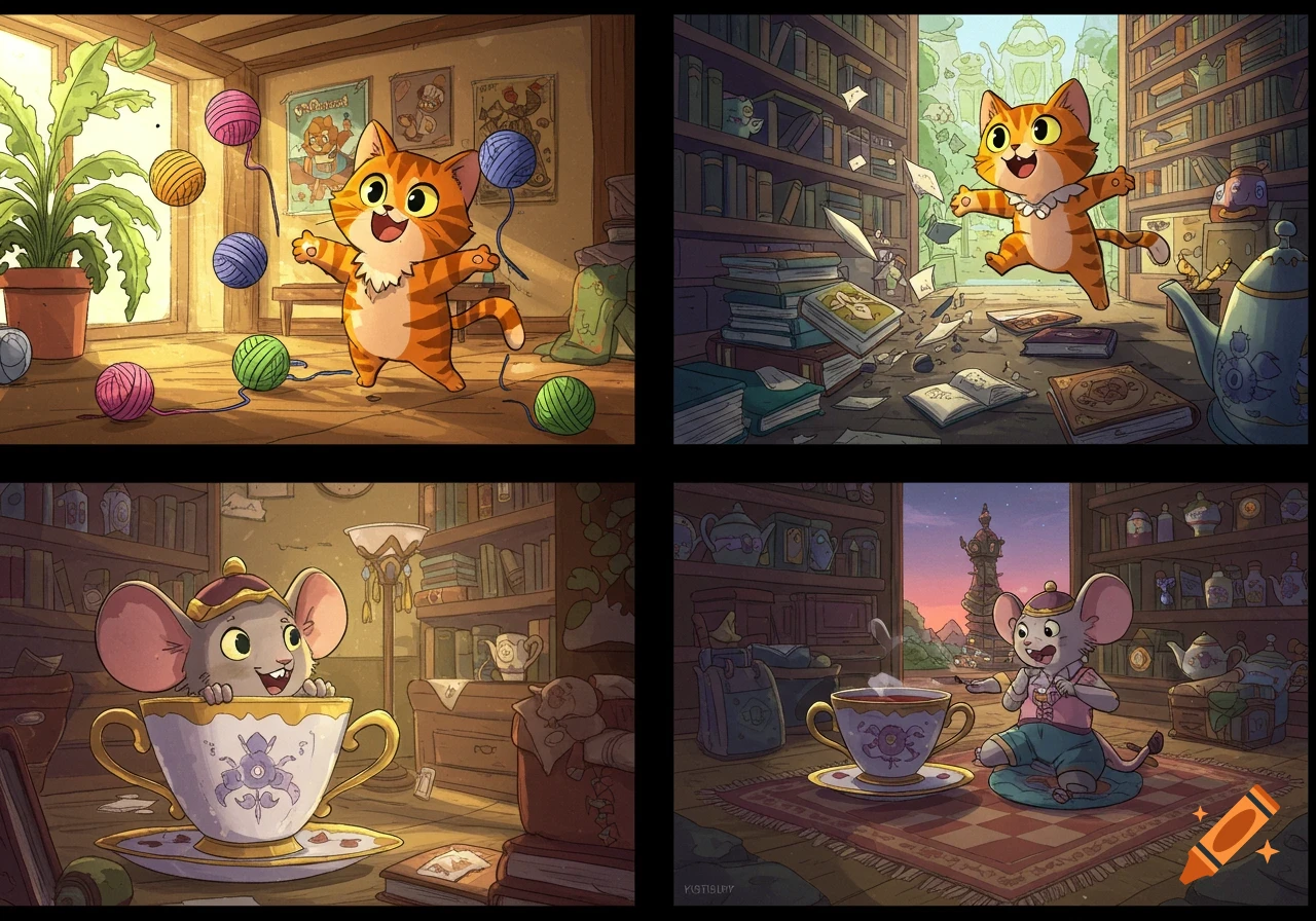 A four-panel whimsical cartoon features an anthropomorphic cat playing with yarn and joyfully leaping through a messy library, while an anthropomorphic mouse character happily drinks tea from a large teacup in an indoor setting.
