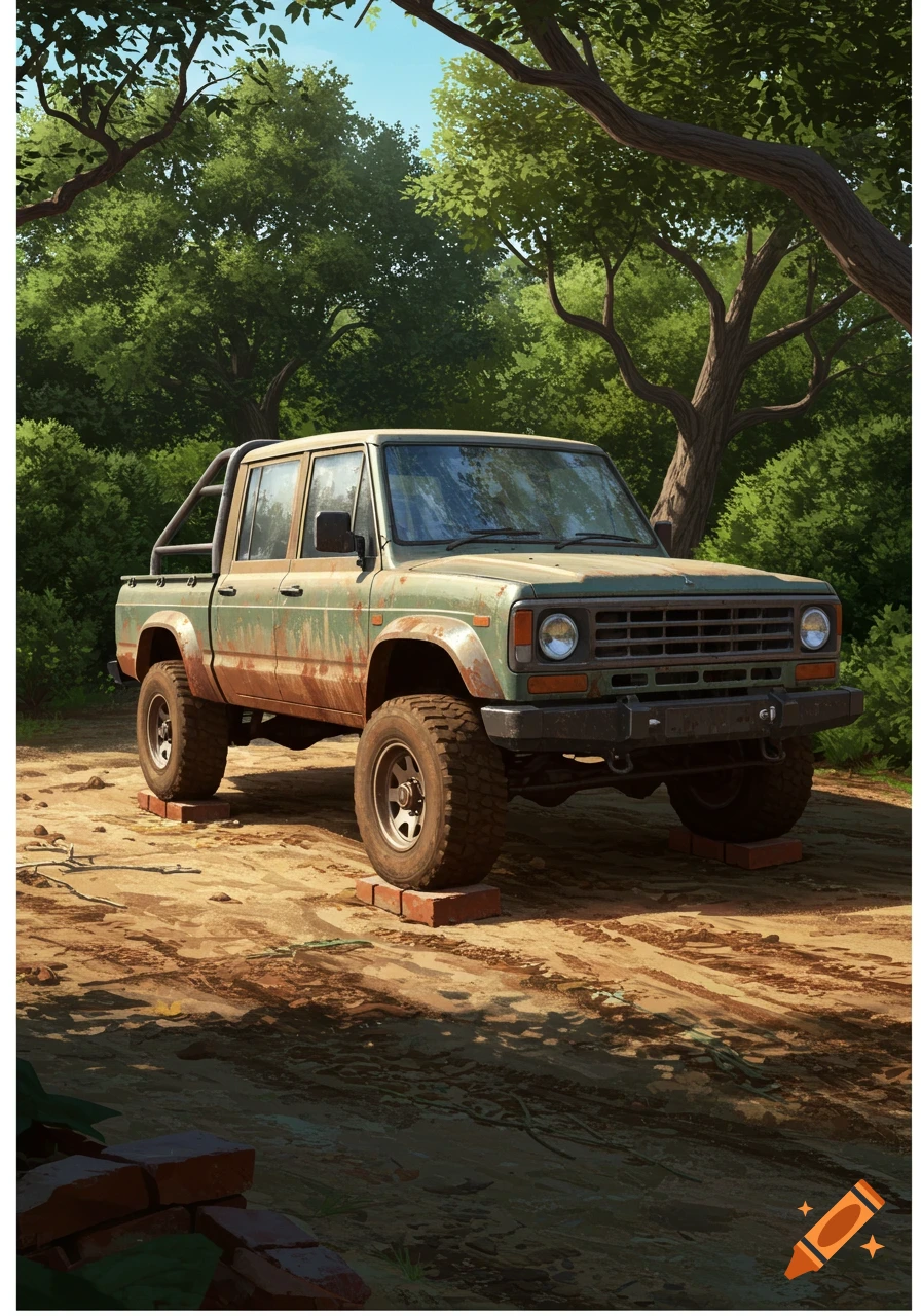 A rustic, moss-covered green 4x4 off-road truck with large tires sits on red bricks in a dirt clearing, surrounded by dense green trees and bushes under a blue sky. The truck shows signs of wear and rust.