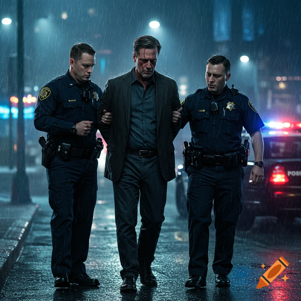 Two police officers escort a man with a bloodied face down a rainy city street at night, in a photorealistic style.