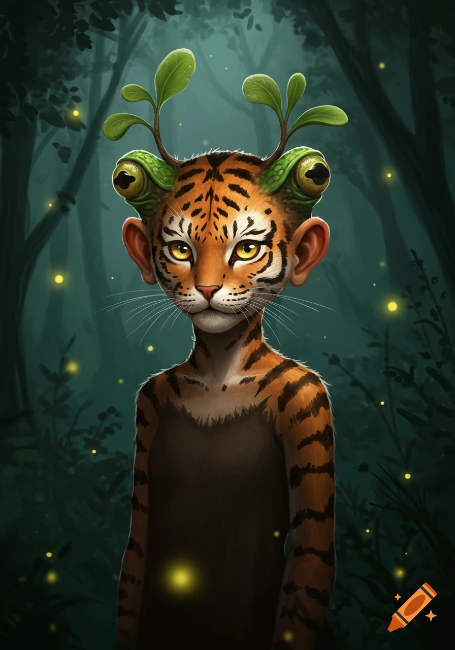 A fantasy creature with a tiger's head and human-like body with frog-like ears, standing in a dark forest with fireflies.