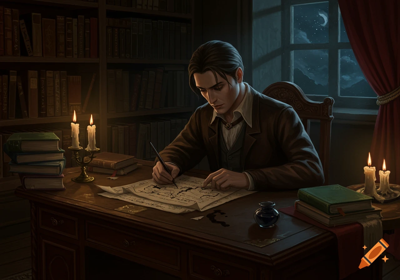 A man in historical attire writes at a candlelit desk in a dark study filled with bookshelves, with a moonlit window in the background.