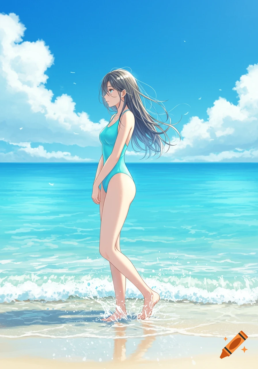 Anime-style woman in a blue one-piece swimsuit walks in the shallow ocean water on a sunny beach.