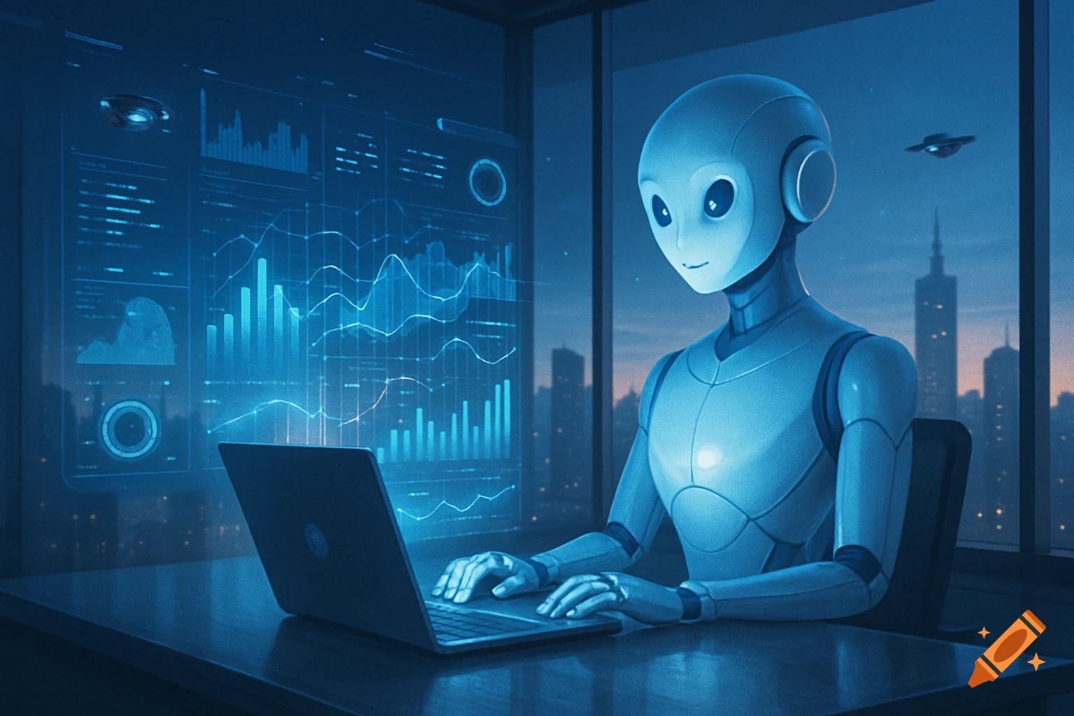 A futuristic robot works on a laptop at a desk with holographic data displays, overlooking a city skyline and flying saucers.