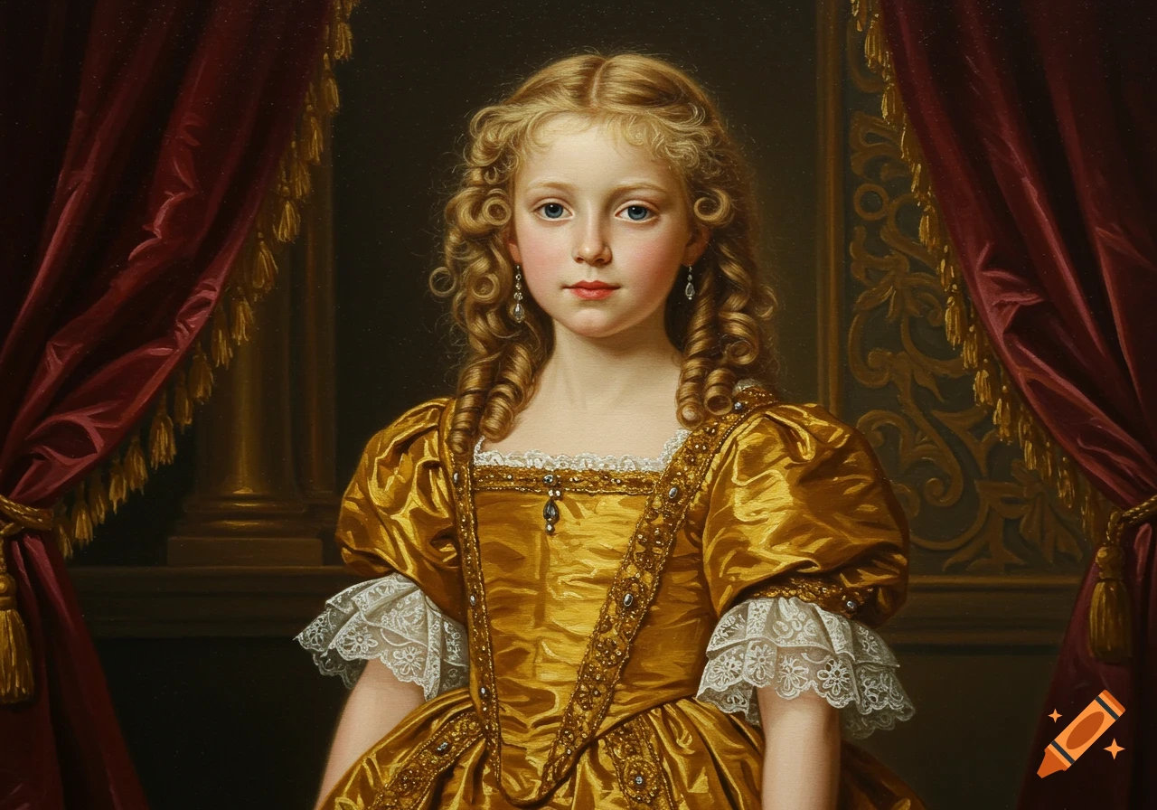 Oil painting portrait of a young girl with blonde curly hair in a gold dress with red curtains in the background.