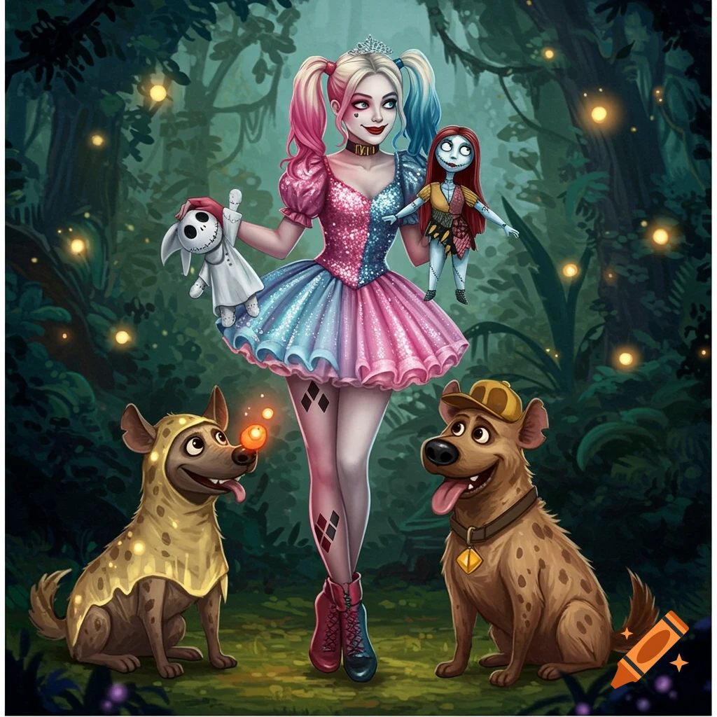 Pixar-style Harley Quinn in a princess dress holding Sally and Zero dolls, with two hyenas resembling Zero and Dug, in an enchanted forest.