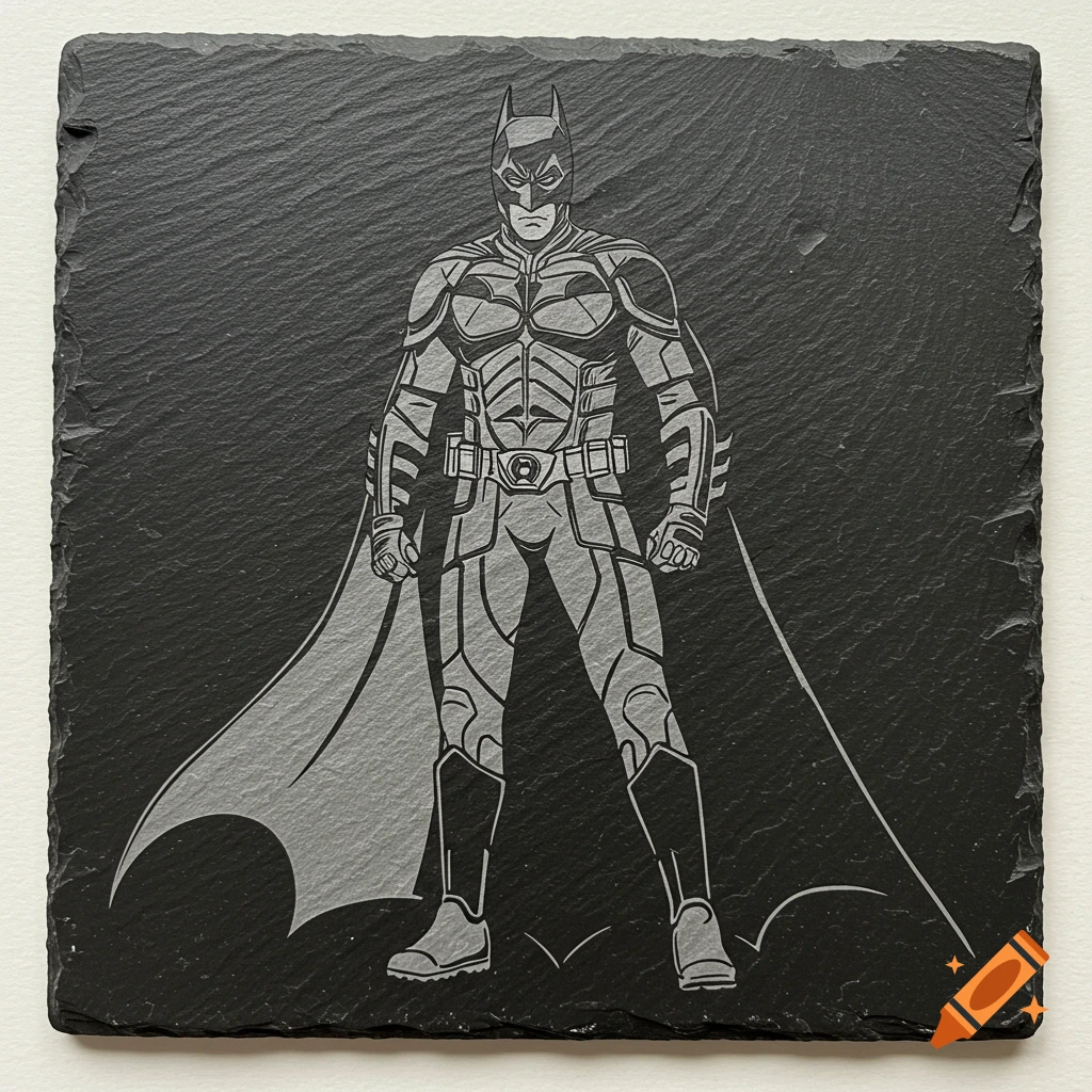 A laser engraving of Batman from The Dark Knight on a square slate coaster.