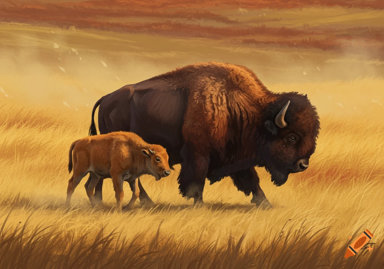 A digital painting of a large brown bison and its smaller, lighter brown calf walking through a golden grassy field.
