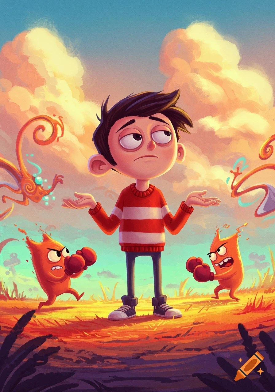 A cartoon boy in a striped sweater shrugs as two small fiery creatures in boxing gloves fight below him, in a vibrant, whimsical illustration.