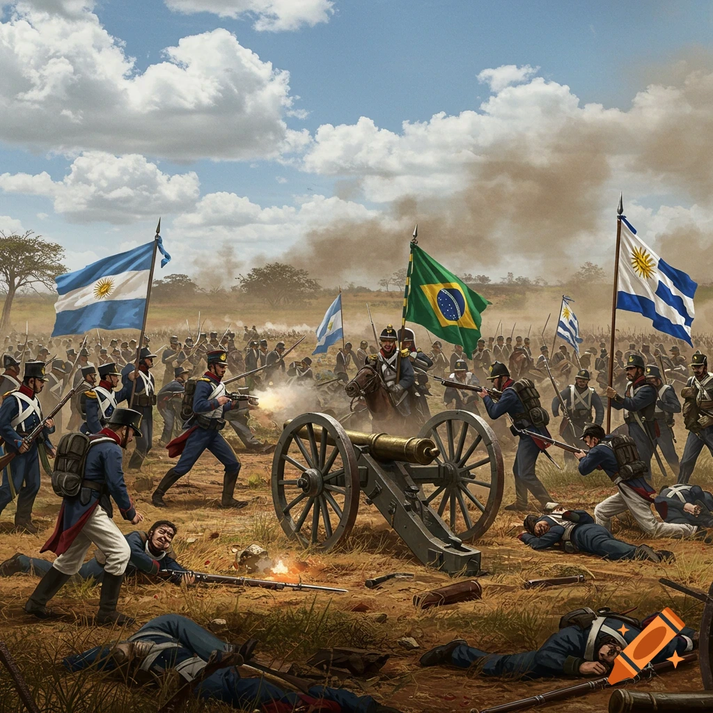 A historical battle scene with soldiers, cannons, and flags of Argentina, Brazil, and Uruguay on a dusty field.