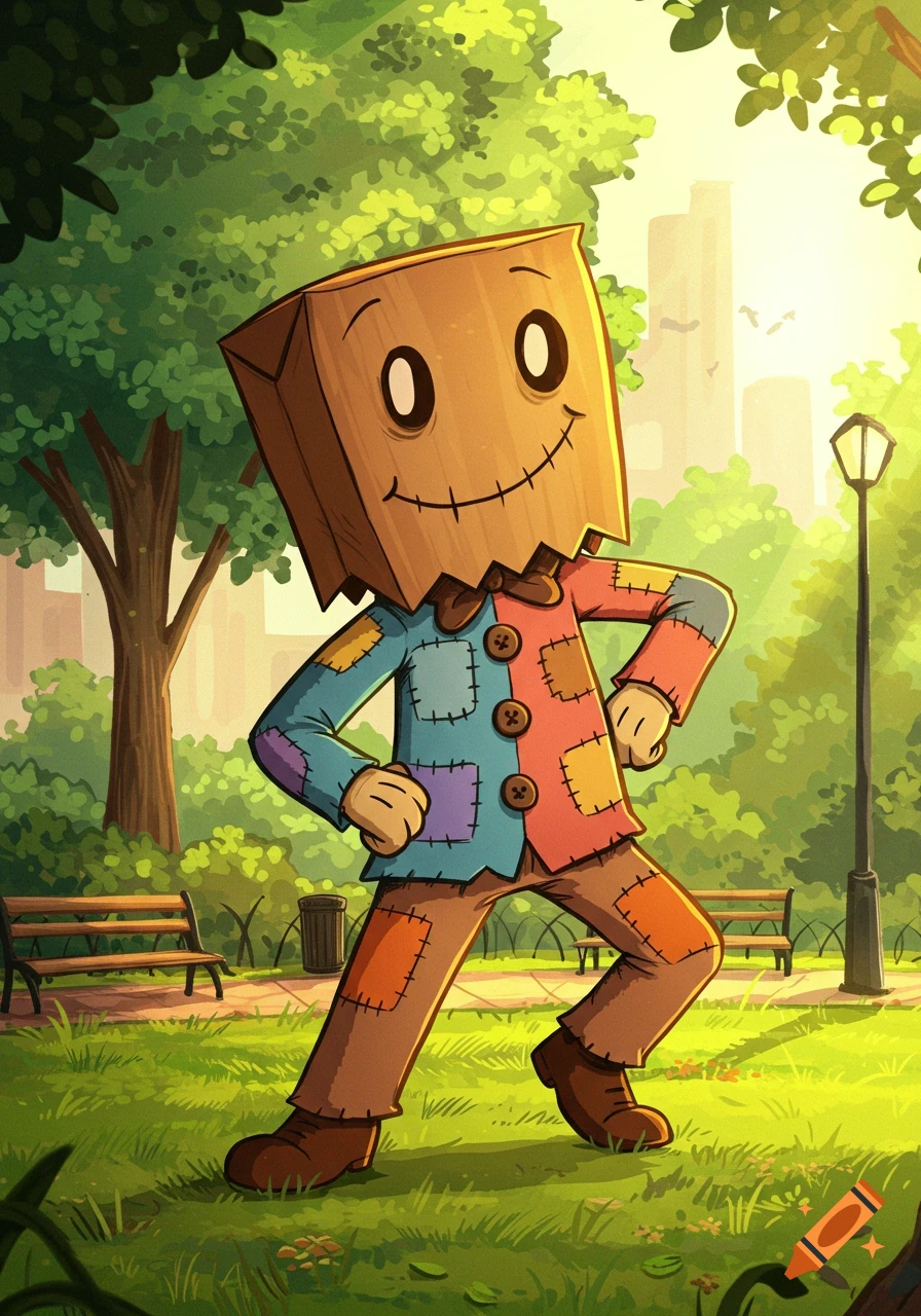A whimsical cartoony character with a brown paper bag head and a colorful patched suit stands in a sunny park.