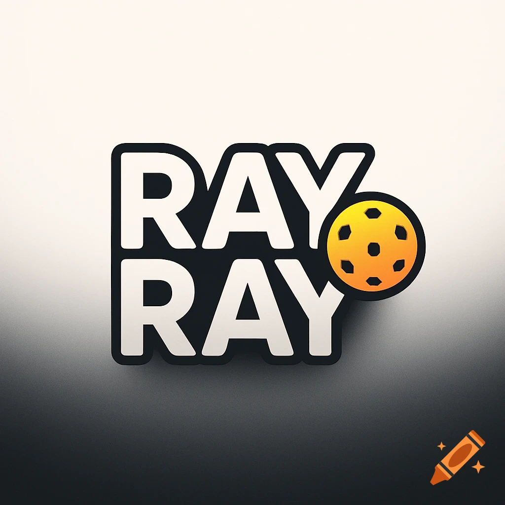 A black logo with the white text "RAY" stacked twice, next to a yellow pickleball, all on a white to dark gray gradient background.