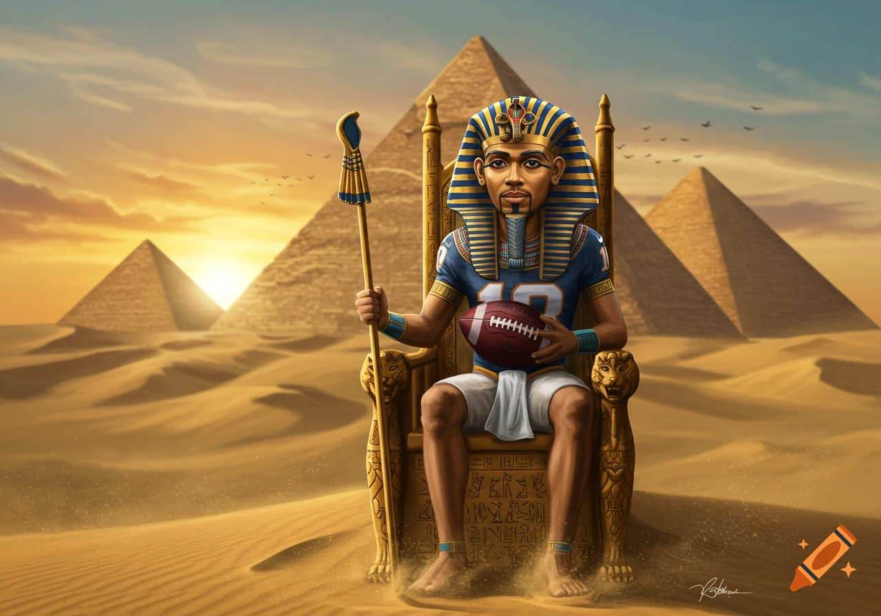 A pharaoh in a football jersey sits on a throne, holding a football and staff, in a desert with pyramids at sunset.