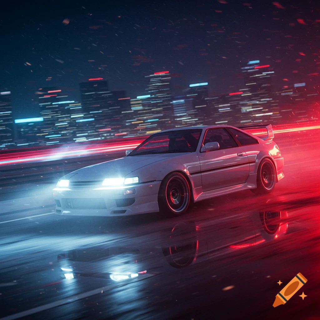 A white sports car drives on a wet road at night with vibrant red and blue light trails and a blurred city skyline in the background.