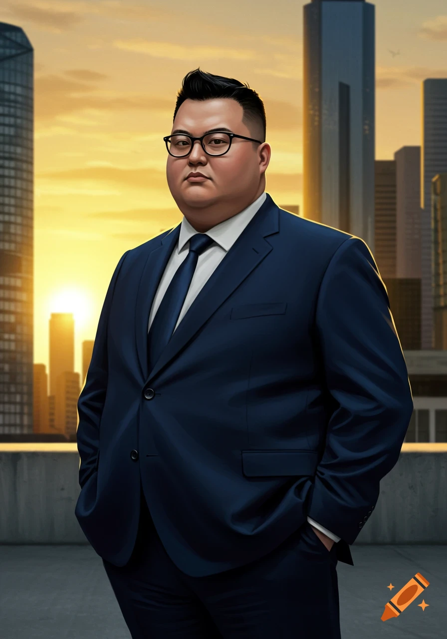 A man with black hair and glasses in a navy blue suit stands in front of a city skyline at sunset, photorealistic style.