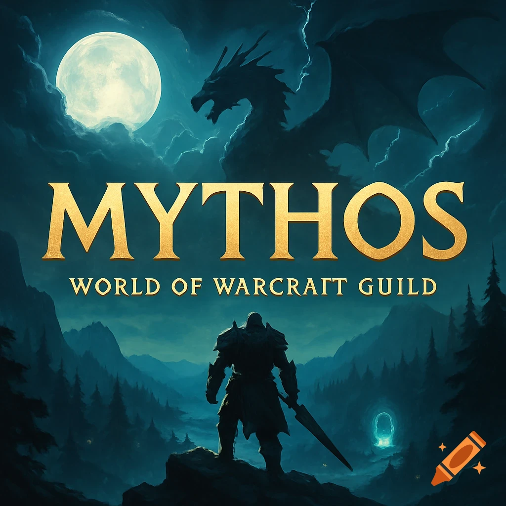 Fantasy banner with gold text 'MYTHOS' and 'WORLD OF WARCRAFT GUILD', featuring a full moon, dragon, and warrior.