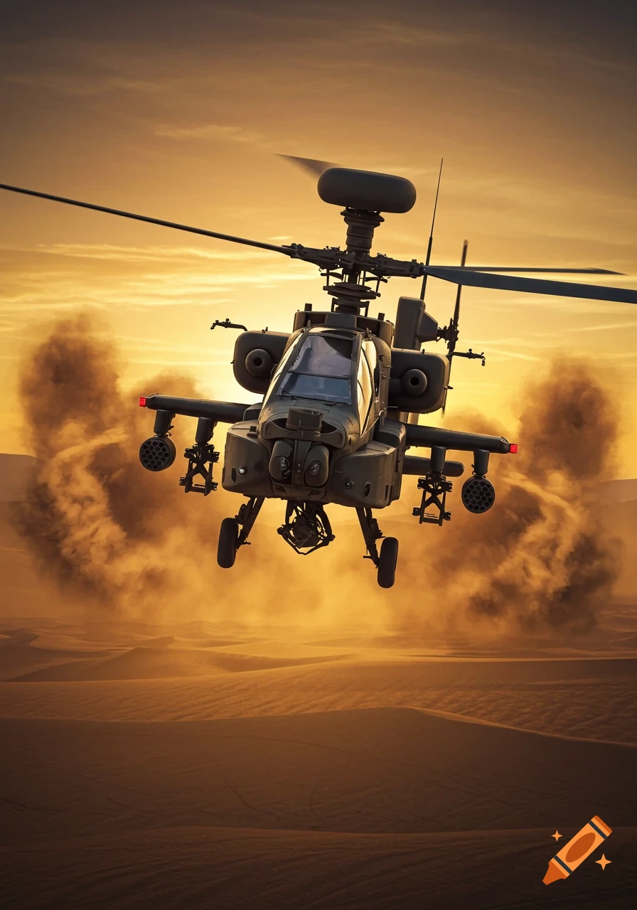 An Apache helicopter hovers low over a sandy desert at sunset, kicking up dust.