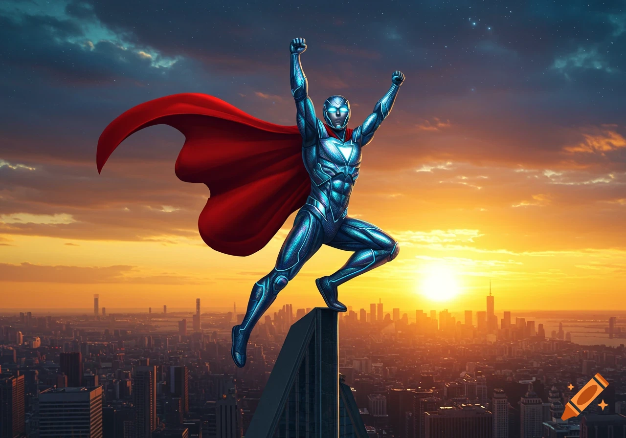 A superhero in a blue metallic suit and red cape stands triumphantly on a skyscraper at sunset overlooking a city.