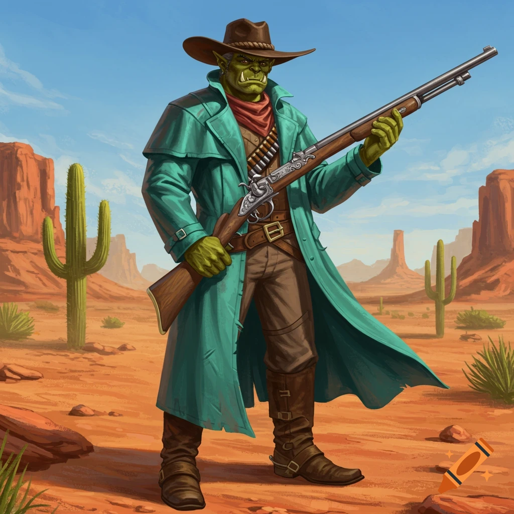 A green-skinned half-orc cowboy in a teal duster coat and hat holds a musket in a desert landscape.