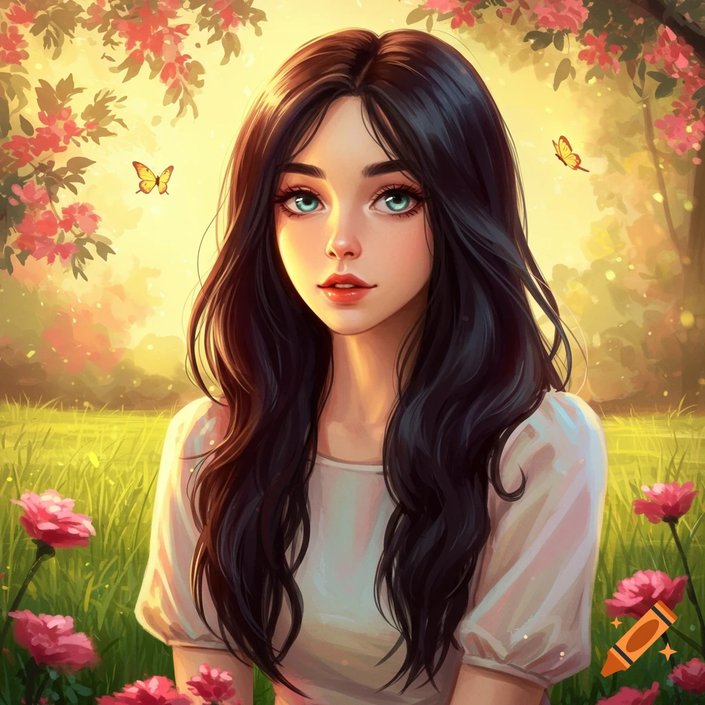 A stylized portrait of a young woman with long dark hair and blue eyes, smiling faintly amidst a vibrant field of pink flowers and butterflies under a golden sky.