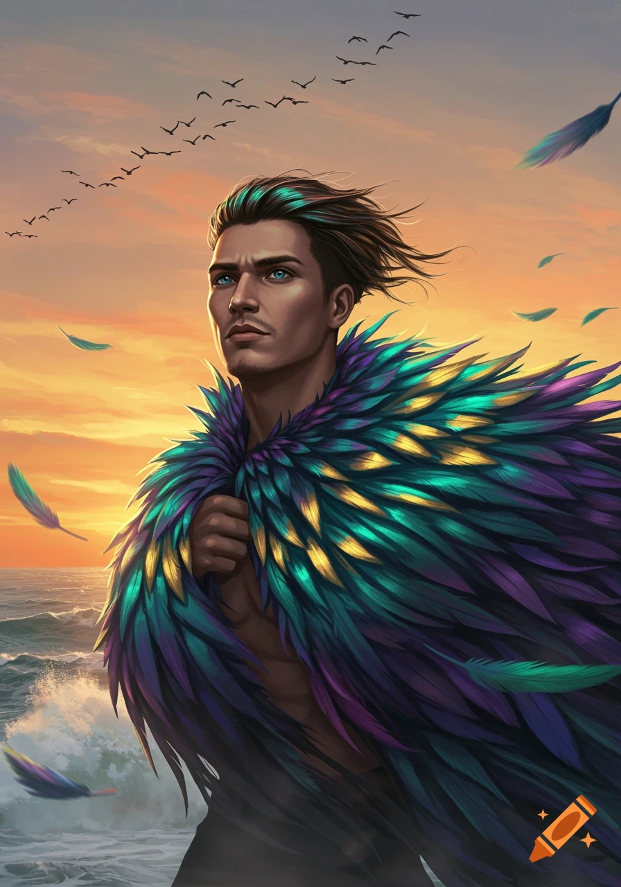 A stylized digital painting of a man in a vibrant turquoise and purple feather cape, looking out at a sunset ocean with birds flying.