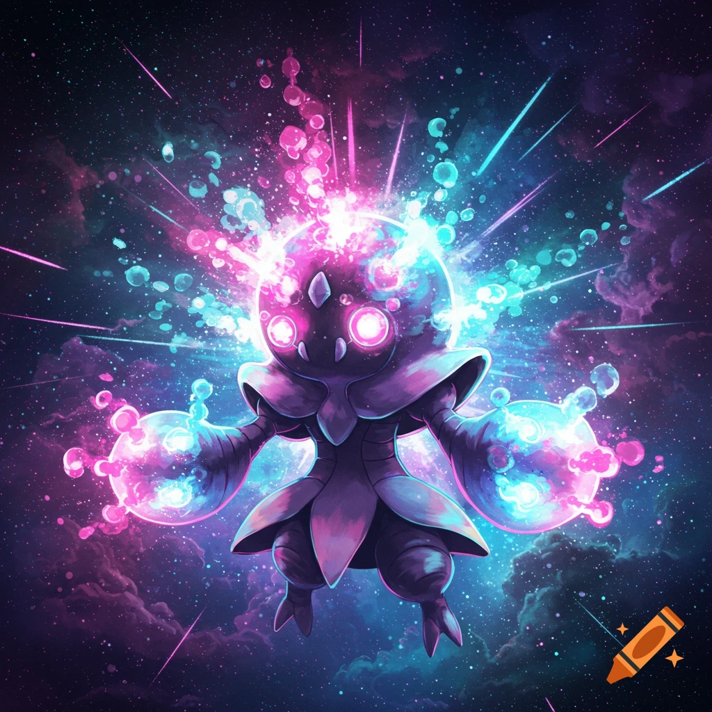 A glowing purple and blue Blacephalon Pokémon floating in a cosmic space background, surrounded by radiating energy.