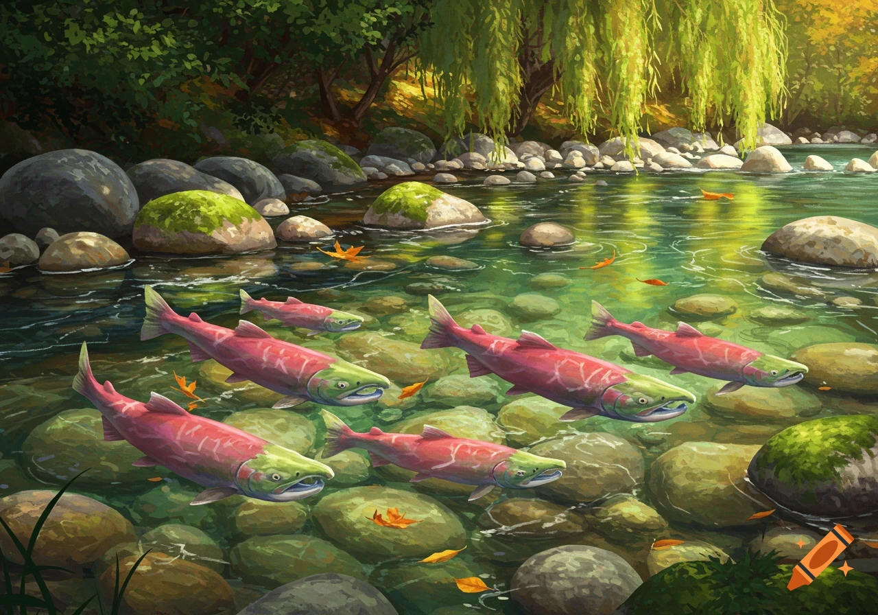 Pink and green salmon swim through a clear, rocky river with green foliage on the banks, in a painterly style.