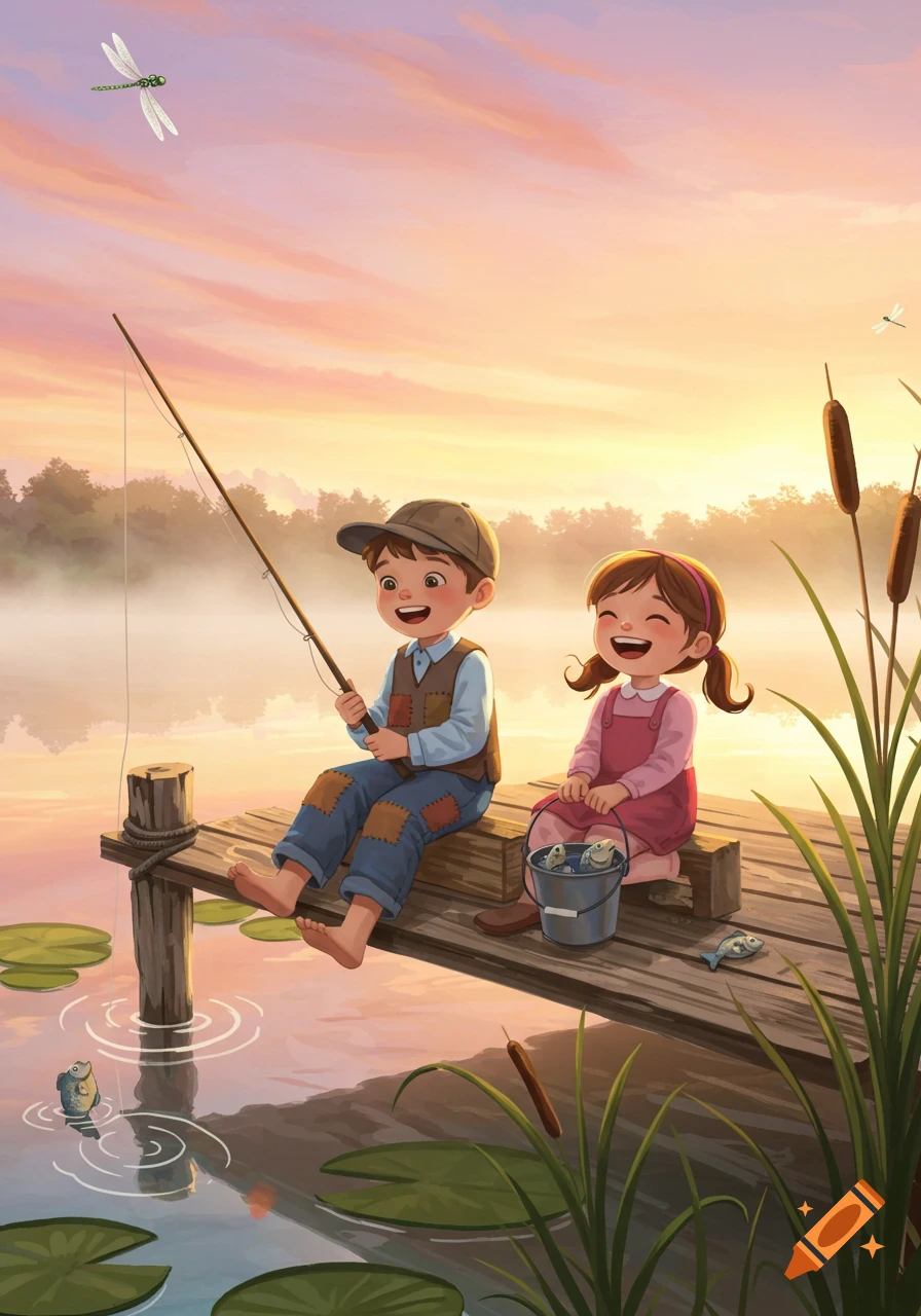 Two happy cartoon children fishing on a wooden dock at sunset.