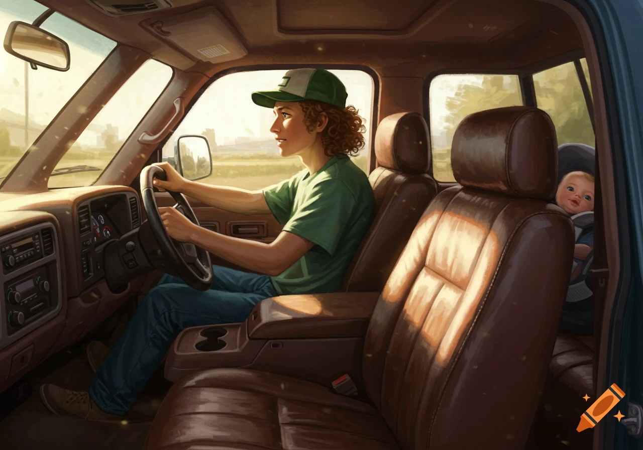 A young person with curly hair and a green cap drives a car, with a baby in a car seat in the back seat.