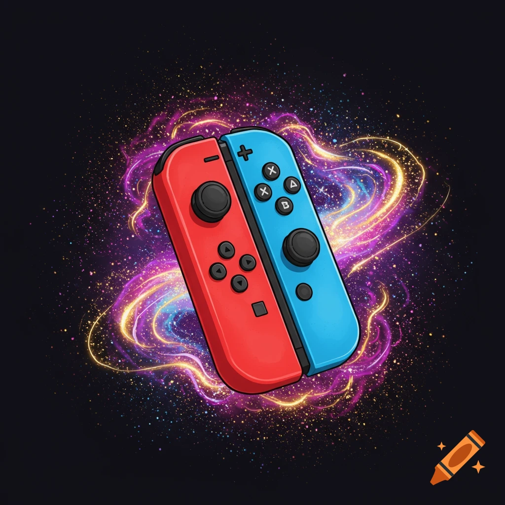 A red and blue Nintendo Joy-Con controller surrounded by swirling purple and gold lights on a dark background.