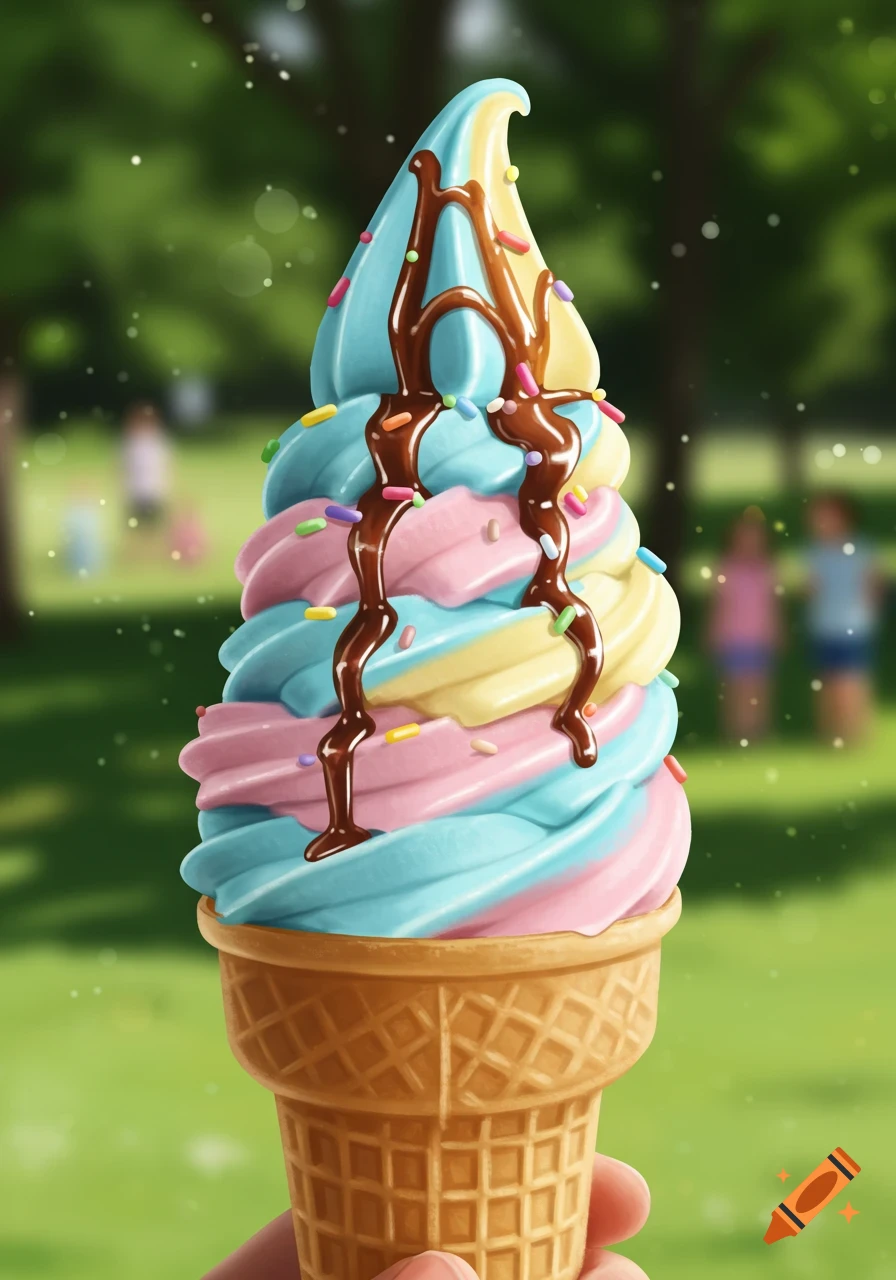 A colorful swirl of blue, pink, and yellow soft-serve ice cream in a waffle cone, topped with chocolate syrup and sprinkles, held against a blurred green park background.