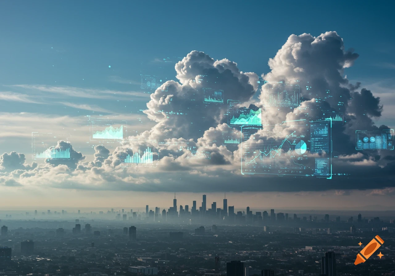 A panoramic aerial view of a city skyline shrouded in haze beneath a blue sky with large clouds. Holographic data displays and graphs float among the clouds.