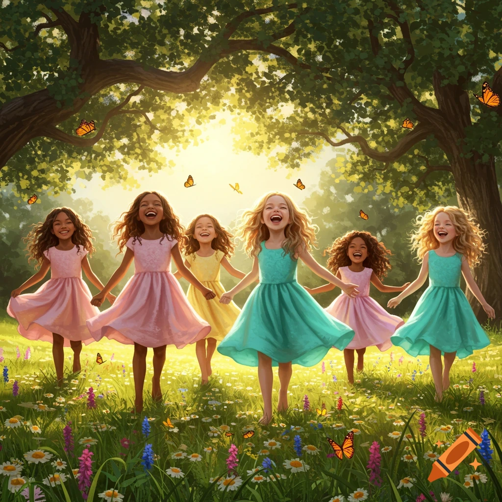 Six young girls in colorful dresses run barefoot through a sunlit field filled with flowers and butterflies under large trees.