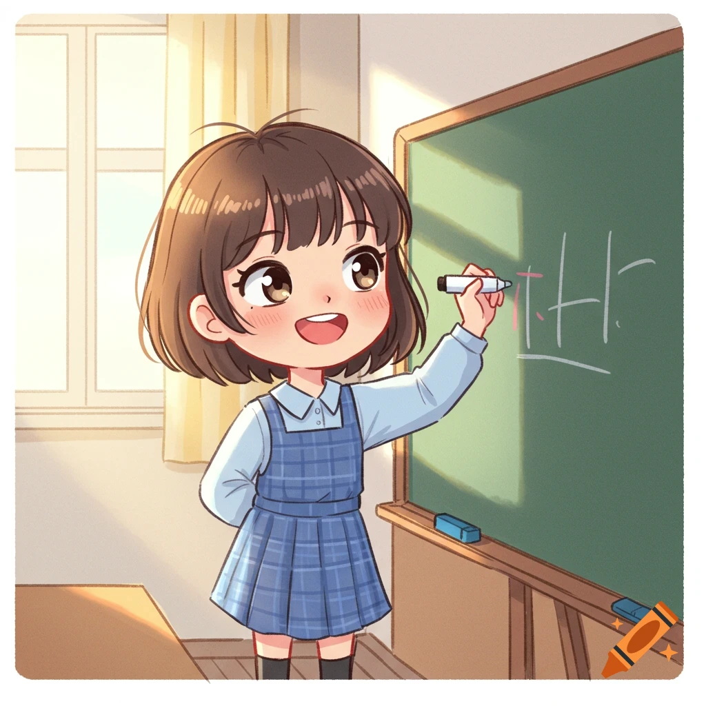 A cute anime-style girl with short brown hair, wearing a blue plaid dress, writes on a green blackboard in a sunlit classroom.