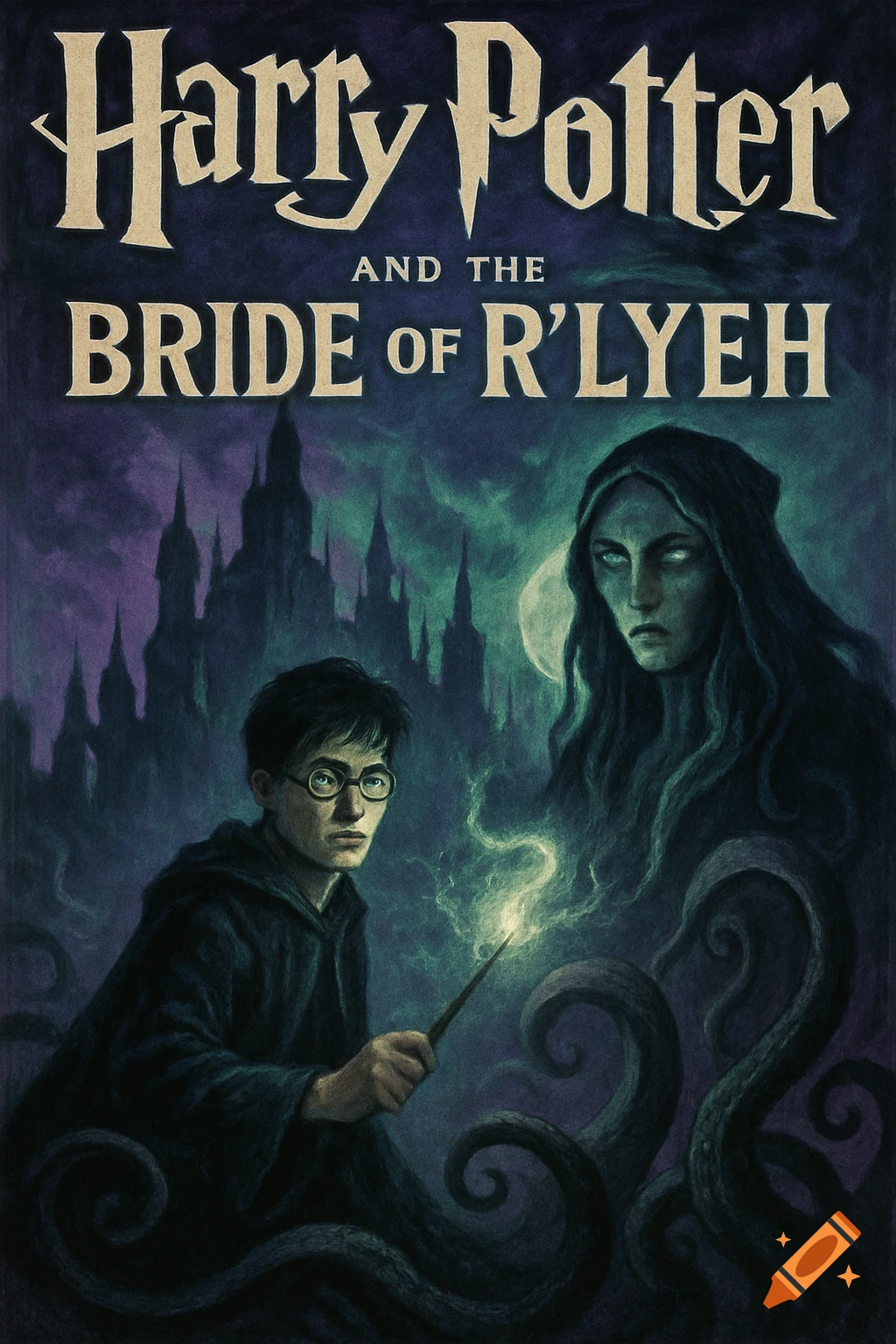 Painterly book cover of Harry Potter-like figure with wand, facing a hooded figure with tentacles and a dark castle.
