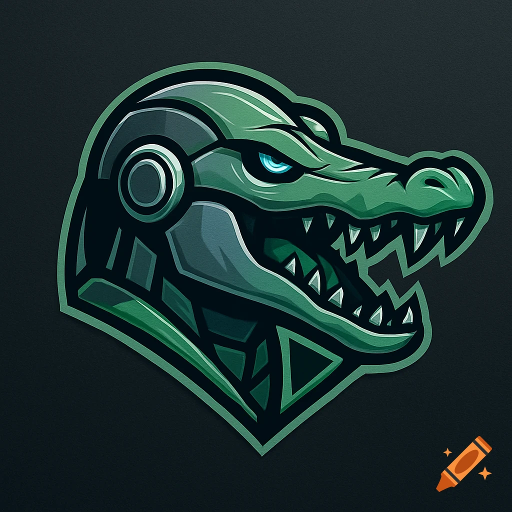 A stylized green robot crocodile logo with glowing blue eyes and sharp teeth.