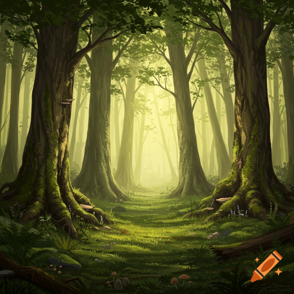 A stylized painting of a dense forest with tall trees, a sunlit path, and a lush green undergrowth.