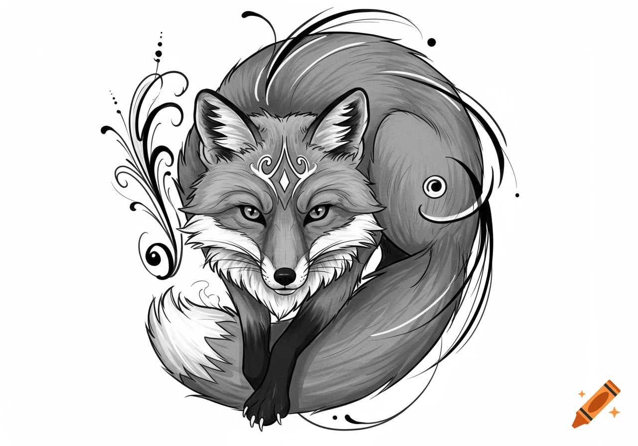 A black and white illustration of a fox curled up, with ornamental swirls in a tattoo art style.