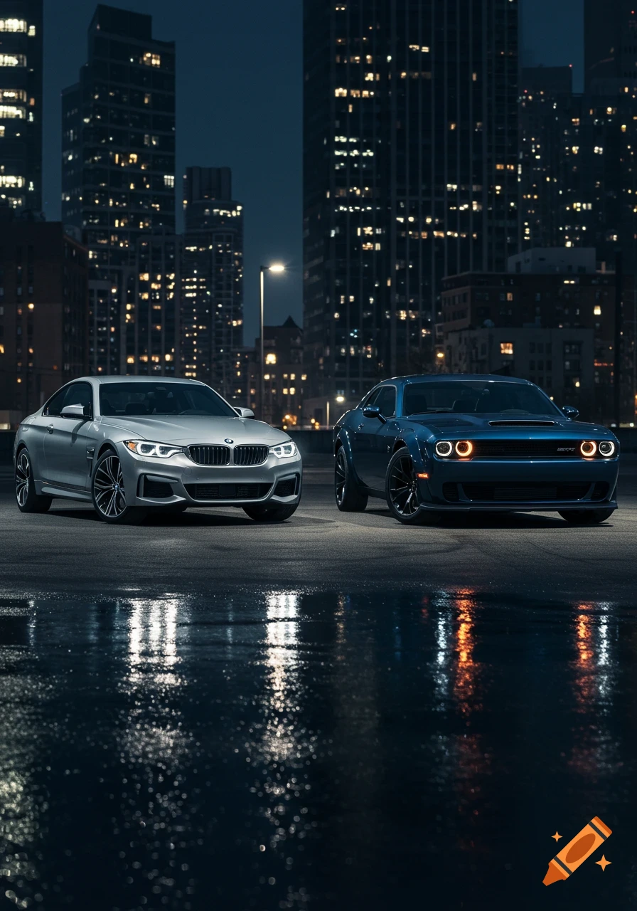 A silver BMW and a blue Dodge Challenger parked on a wet city street at night with city lights in the background.