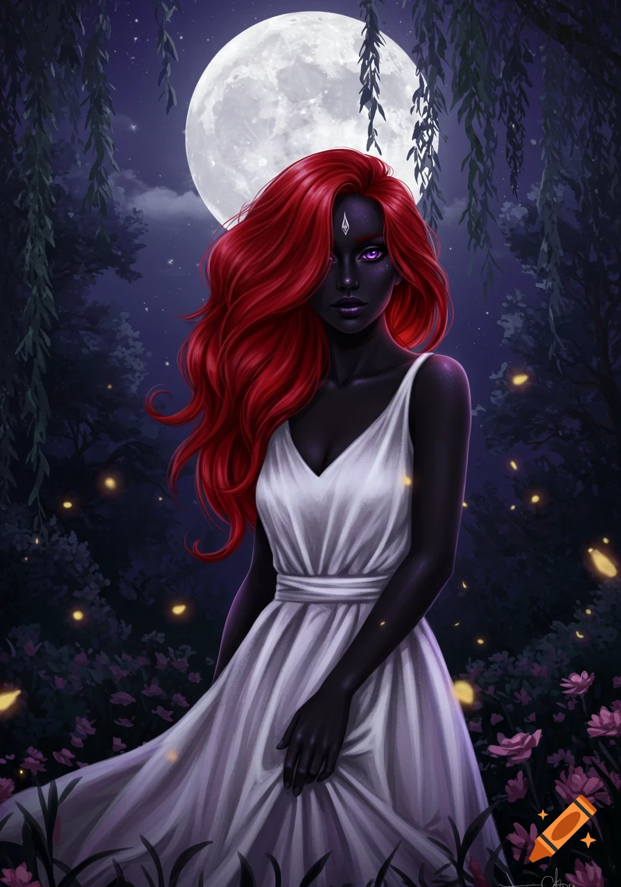 A woman with flowing red hair, dark skin, and glowing purple eyes stands in a moonlit forest with fireflies, wearing a white dress. Digital fantasy art.