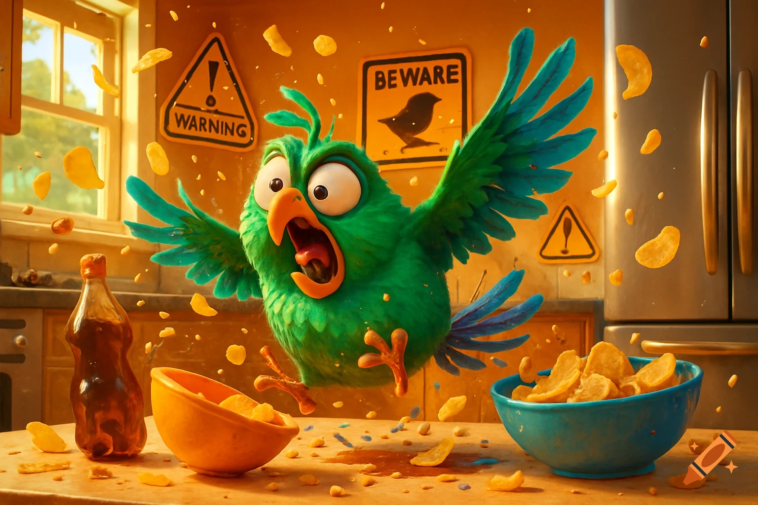 A cartoon parrot with wide eyes and open beak creates a messy kitchen scene with flying chips and spilled soda. Pixar-style.